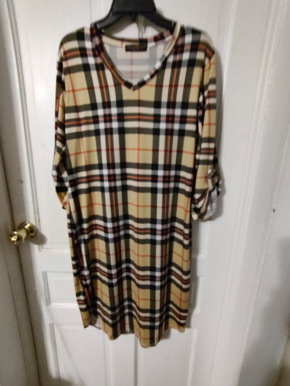 Absolutely Plaid V-Neck Midi Dress in Beige, Black and Brown